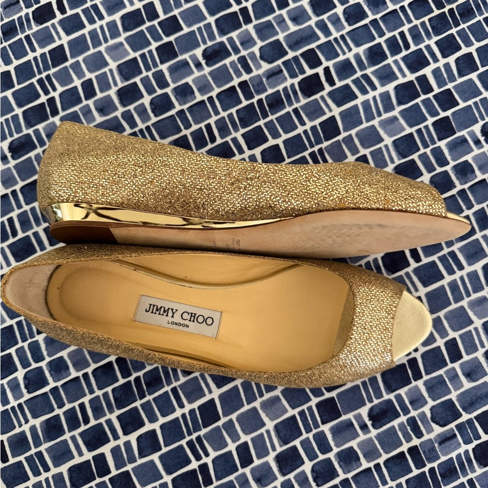 JIMMY CHOO BECK Glitter Coated Metallic GOLD Mini Wedge Flat Shoes